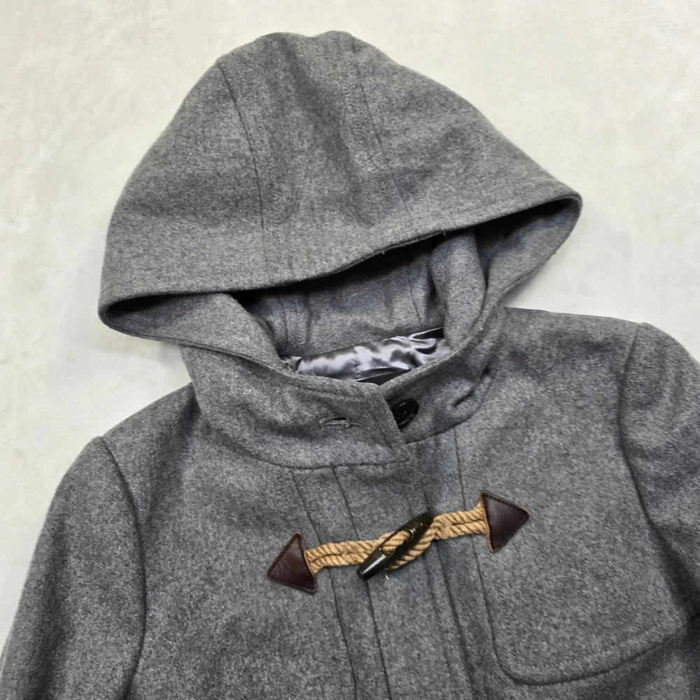 J Crew Duffle Coat Womens XS 0‎ Grey Melton Wool Italy Hood Toggle Peacoat